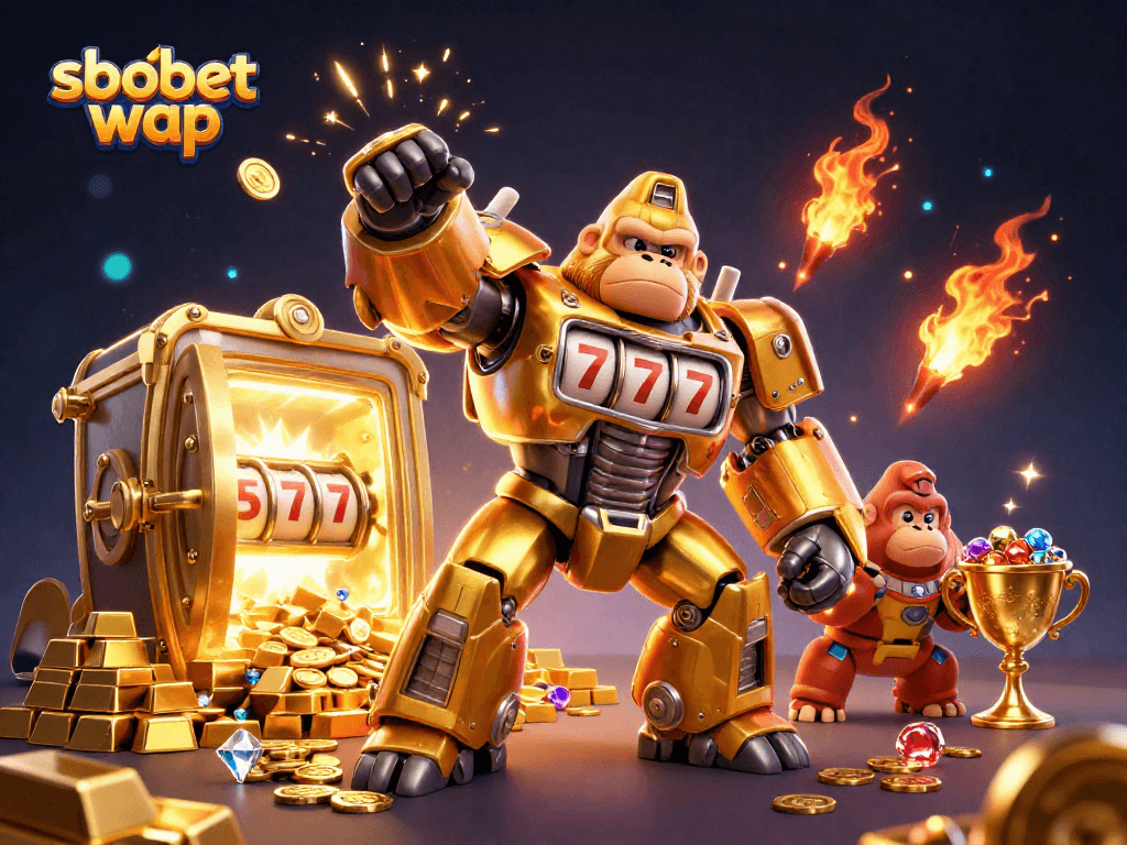 Experience sbobet wap with an energetic scene featuring a golden gorilla mech amidst treasures and winning symbols.