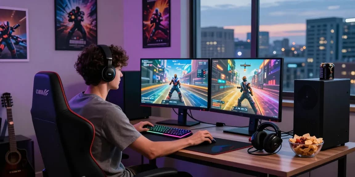 Engaging gamer at a modern setup featuring lucky77 gaming gear and vibrant visuals.