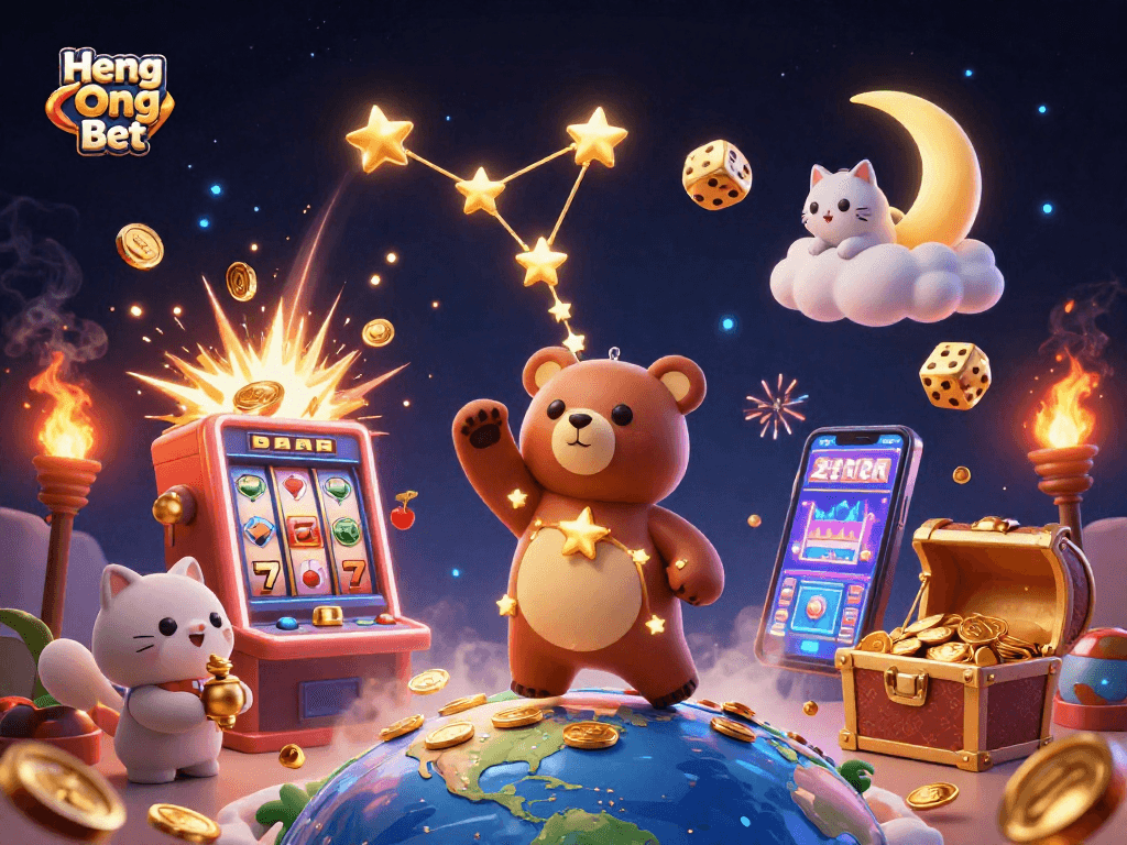 Engaging Heng Ong Bet players with a vibrant casino scene full of golden treasures and rewards.