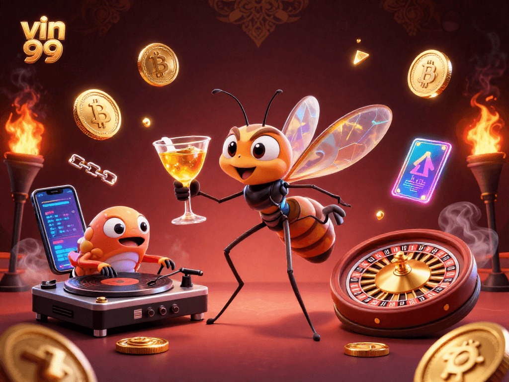 Play thrilling games at vin 99 with unique characters showcasing cryptocurrency gambling elements.