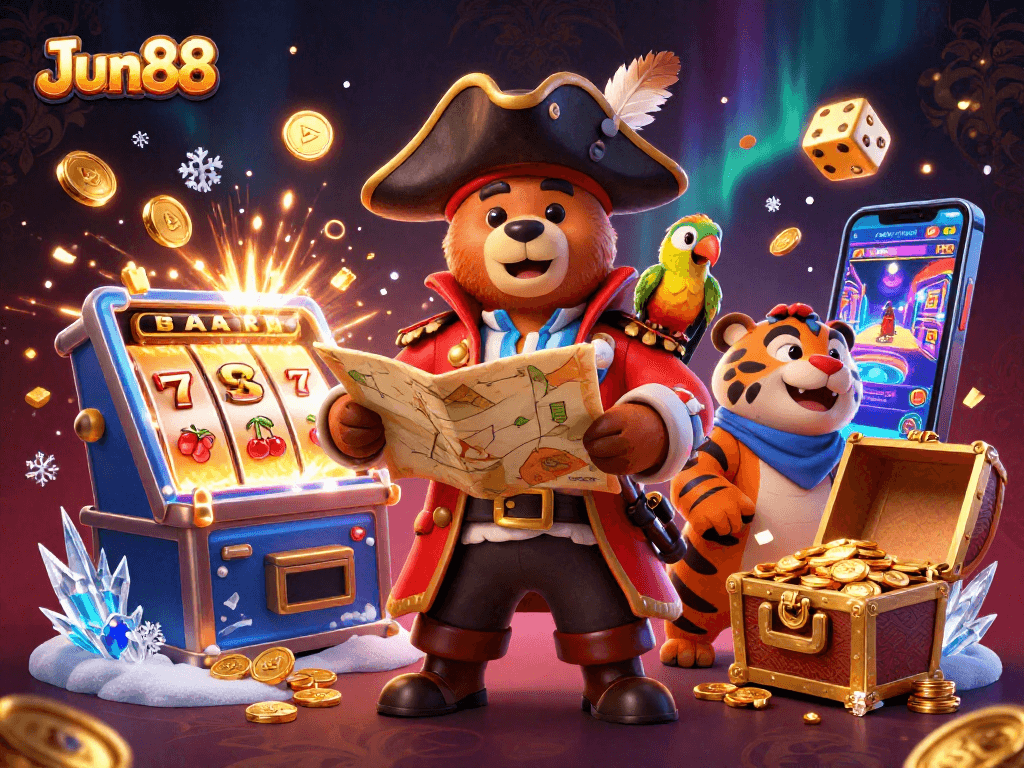 Experience Jun88's thrilling online gaming action with a pirate bear and his crew in this vibrant 3D illustration.