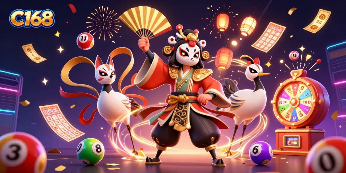 C168 takes center stage amid colorful lottery elements, illustrating a dynamic gaming experience.