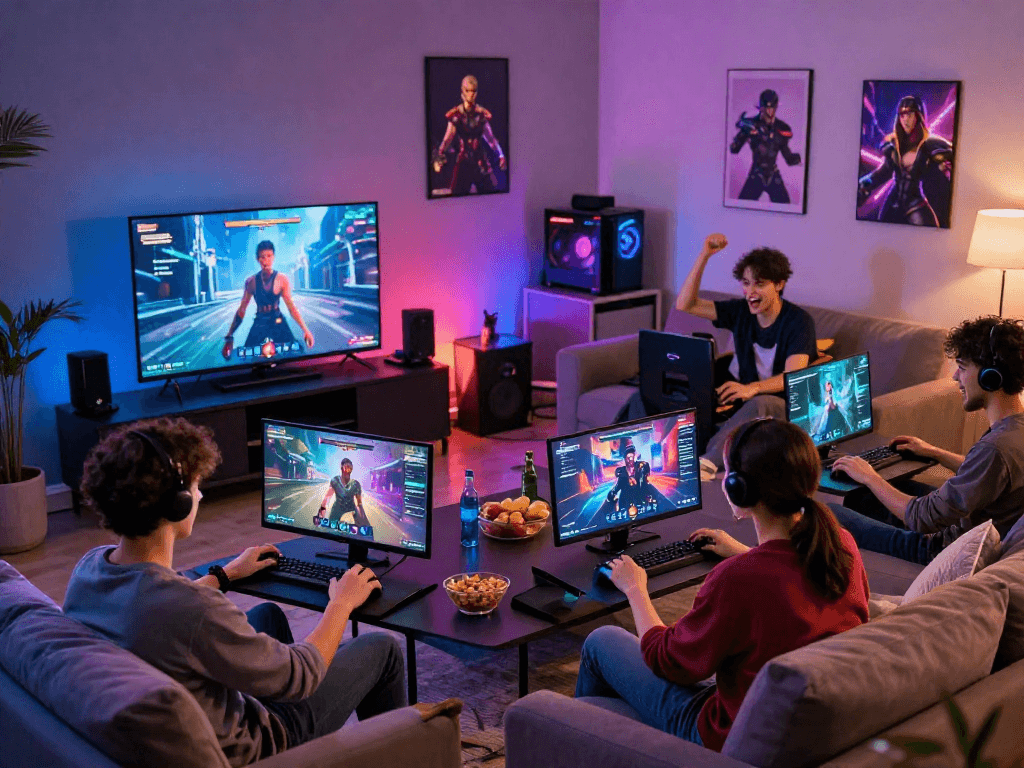 Group enjoying a vibrant scene playing engaging porn games together in a cozy gaming setup