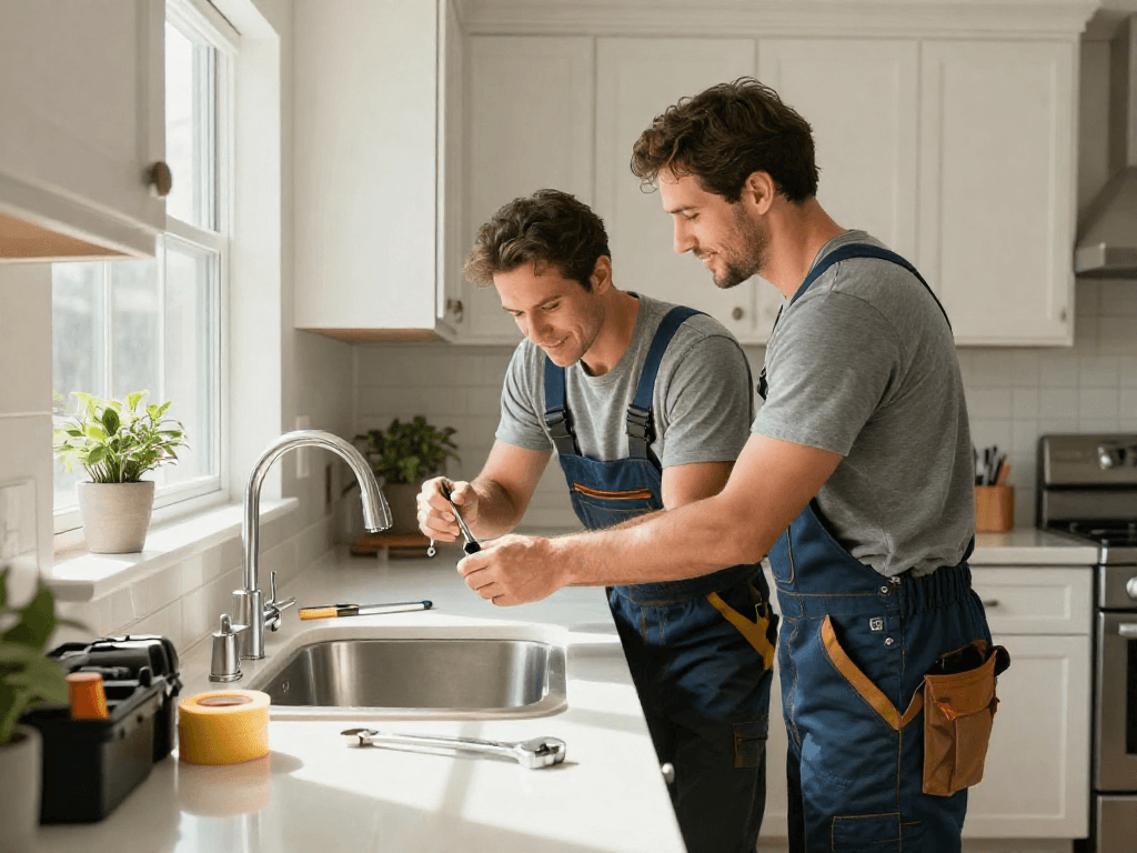 Professional plumber Fort Worth repairing a faucet in a bright kitchen, highlighting expert service.