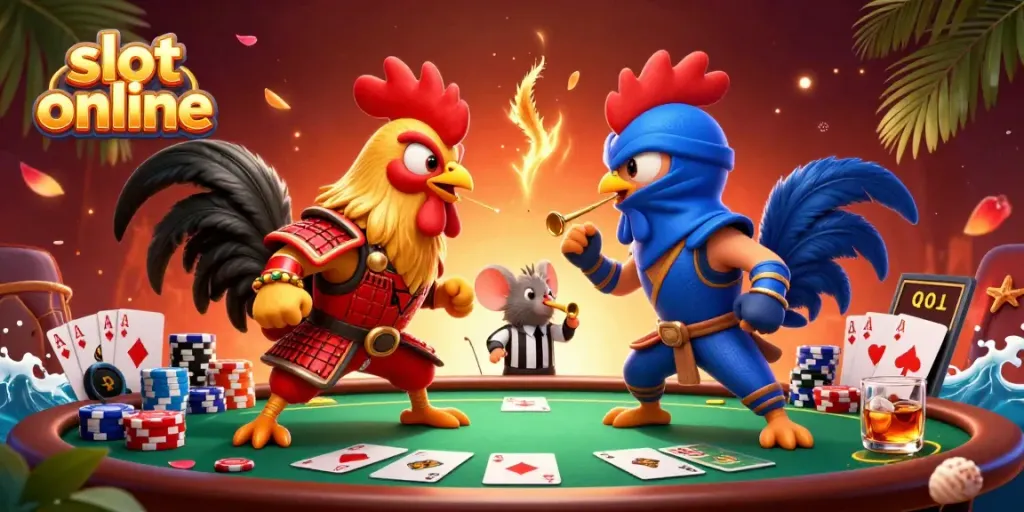 Permainan slot online yang menarik dengan ayam jantan bertarung, chip poker, dan efek dramatis.