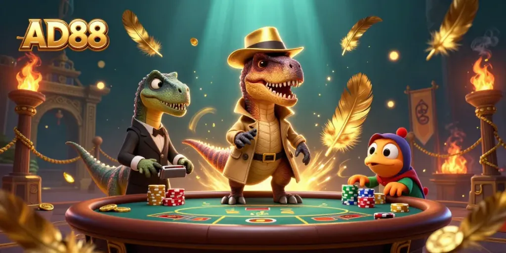 Experience the thrill of AD88 with a charming velociraptor at a blackjack table amidst casino excitement and playful chaos.
