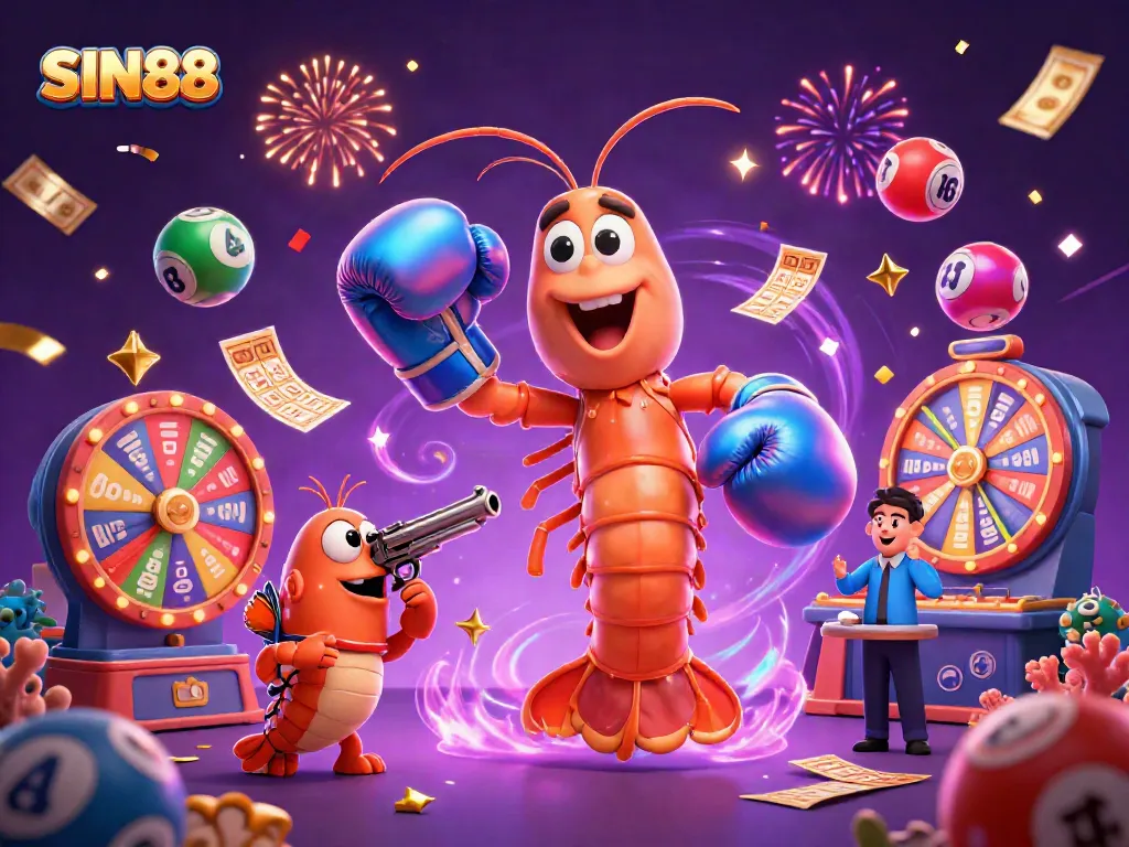 SIN88 brings excitement with 3D cartoon characters in a lively casino atmosphere, showcasing lottery elements.