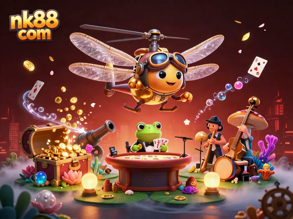 Engage with thrilling gameplay at nk88 com with a dragonfly pilot and frog croupier in a vibrant casino scene.