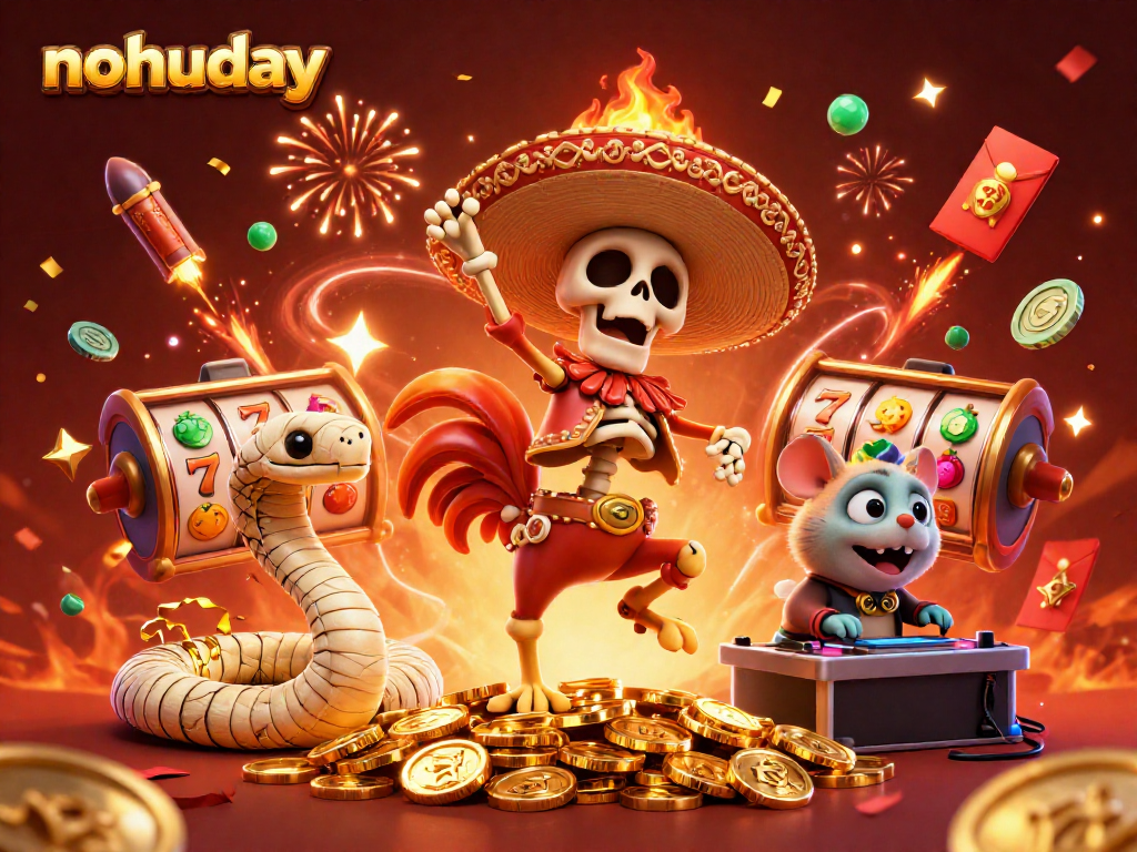Join the celebration at nohuday with a lively cartoon scene of a mariachi rooster dancing amidst casino excitement.