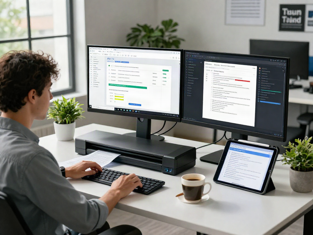 Data analyst utilizing a document fraud detection solution in a modern workspace.