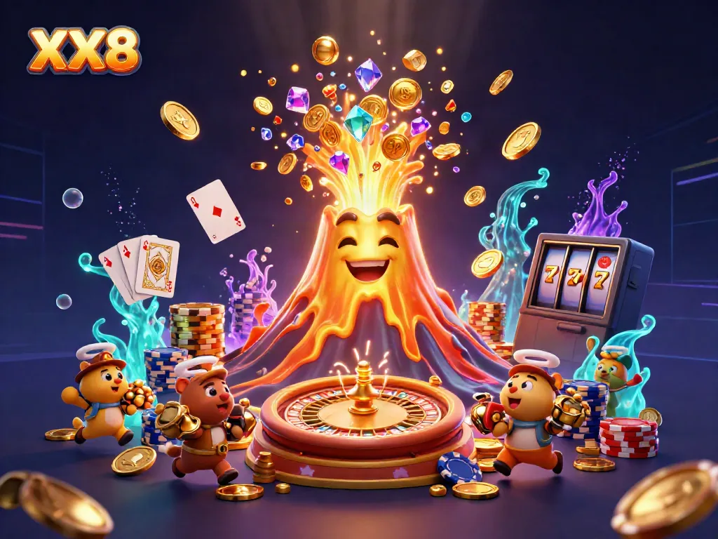 Engage with thrilling gameplay at XX8 as treasures erupt from a golden volcano in a dynamic casino scene.