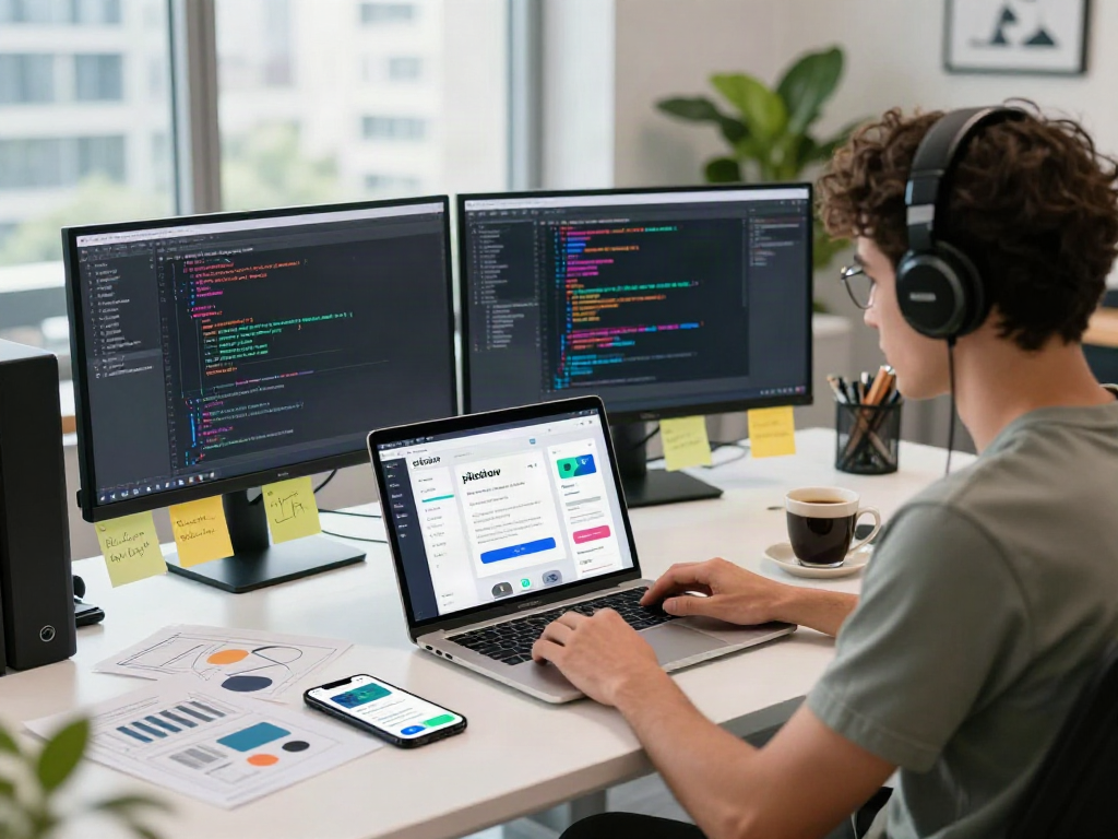 Developing the pikashow app in a modern workspace with tech elements.