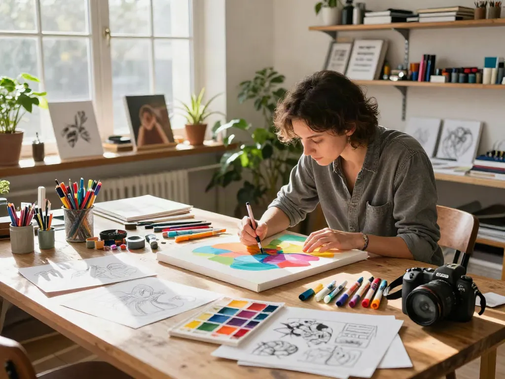 Creating art with markers wholesale in a bright studio filled with colorful supplies.