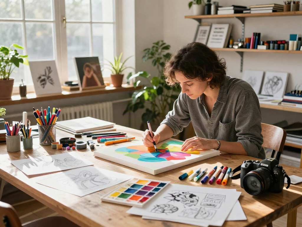 Creating art with markers wholesale in a bright studio filled with colorful supplies.