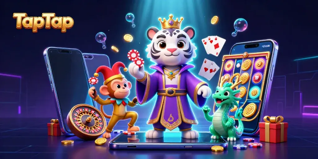 Engage with TapTap's virtual casino scene featuring a tiger, monkey, and dragon amidst vibrant game elements.