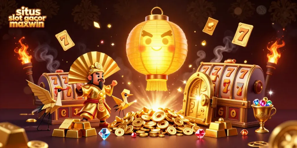 Experience situs slot gacor maxwin action with lively 3D characters and casino elements in this vibrant illustration.
