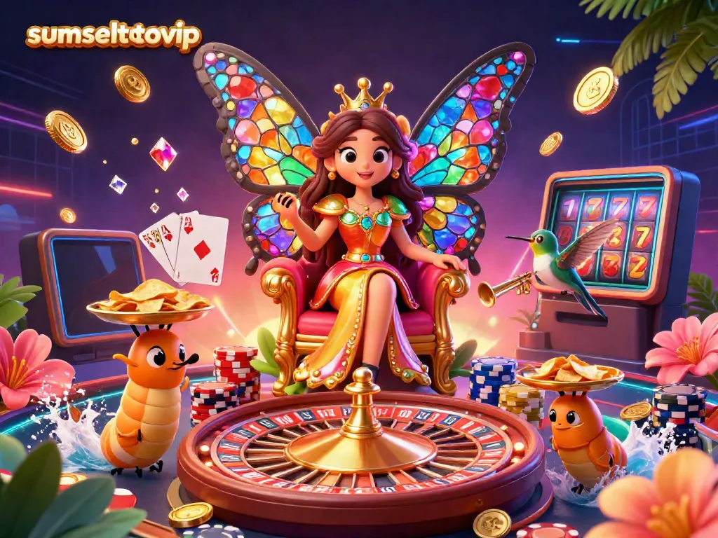 Engage in exciting gaming at sumseltotovip, featuring vibrant casino elements and a colorful 3D scene.