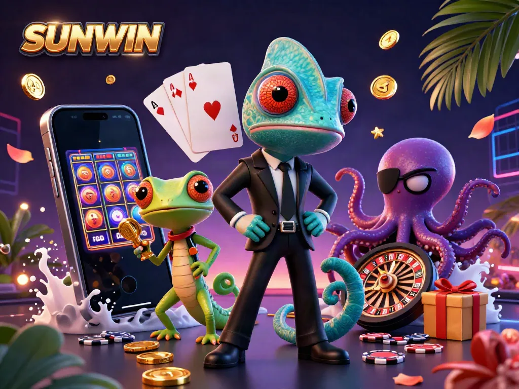 Engage with SUNWIN's vibrant 3D slot casino scene featuring playful characters amidst dynamic game elements.