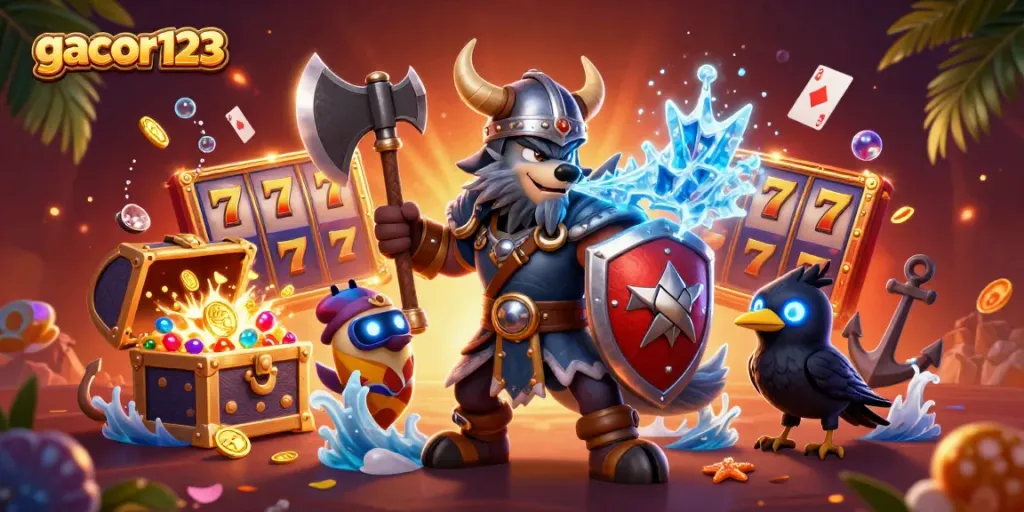 Experience the thrill of gacor123 with a Viking wolf, dragon, and revealing slot reels in a vibrant casino scene.