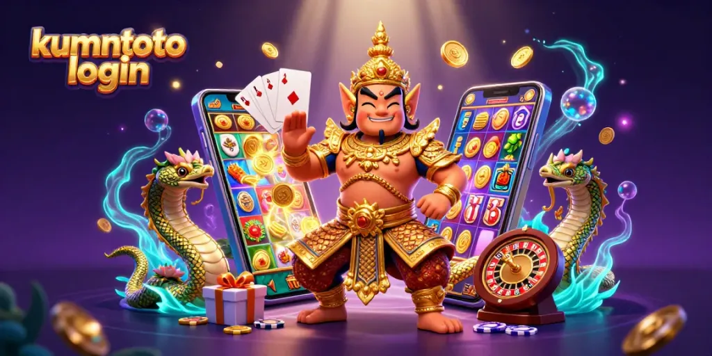 Engage in kumontoto login and spin to win with vibrant slot games in a rich casino illustration.