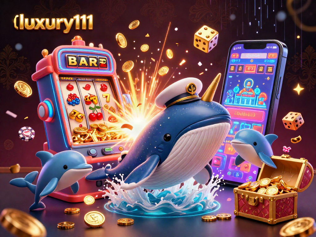 Engage in luxury111 gaming with a lively 3D scene of a whale, narwhal, and dolphins amidst coins and festive casino elements.
