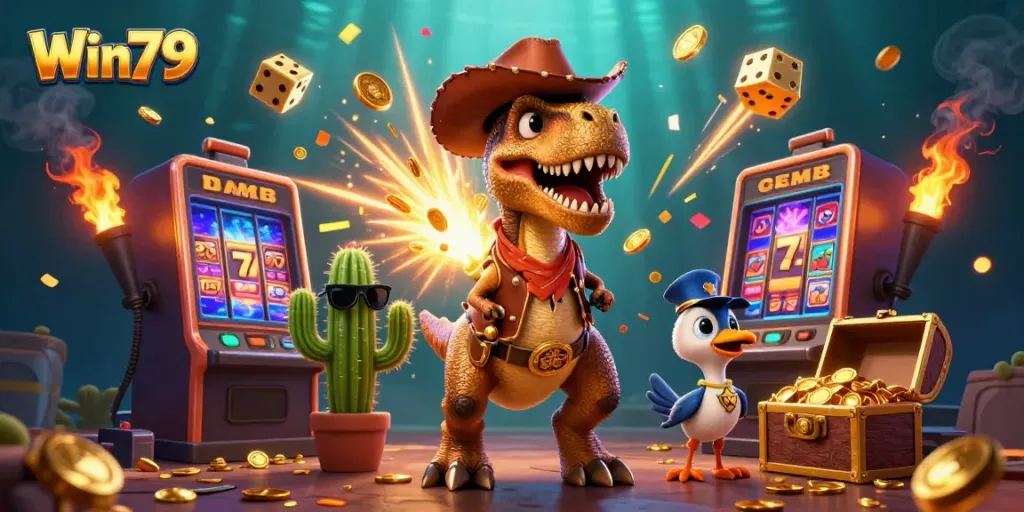 Experience the excitement of Win79 with a T-Rex cowboy, jackpot explosion, and vibrant casino elements.