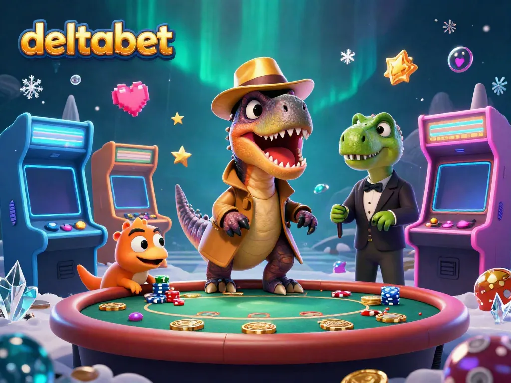 Menggambarkan DELTABET dengan velociraptor penipu di meja blackjack, sesama karakter unik di latar belakang permainan, penuh dengan koin berkilauan.