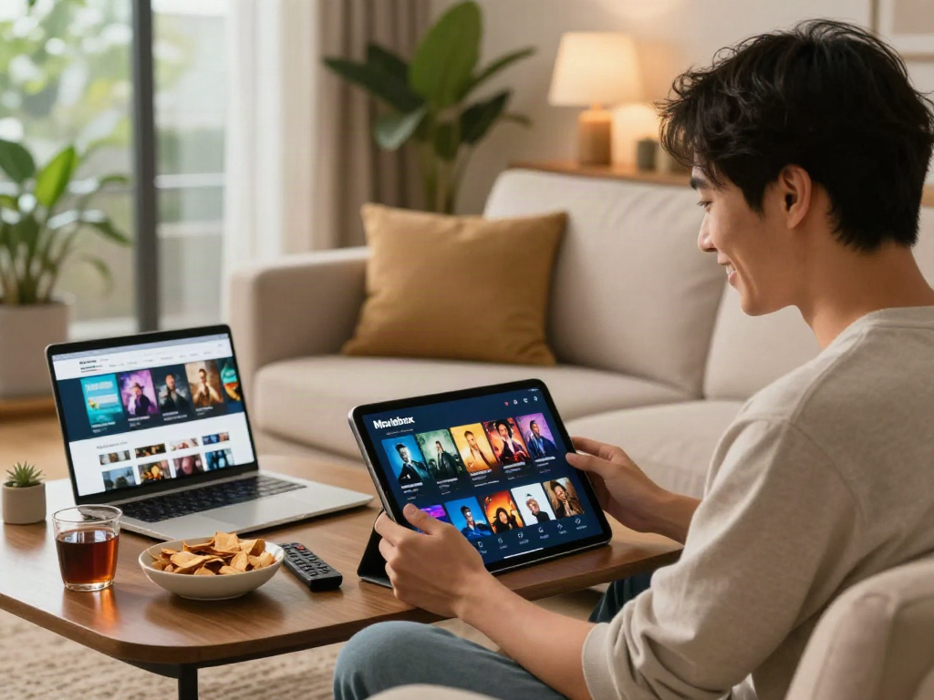 Moviebox app download showcased on a tablet in a cozy living room with vibrant movies displayed, perfect for entertainment.