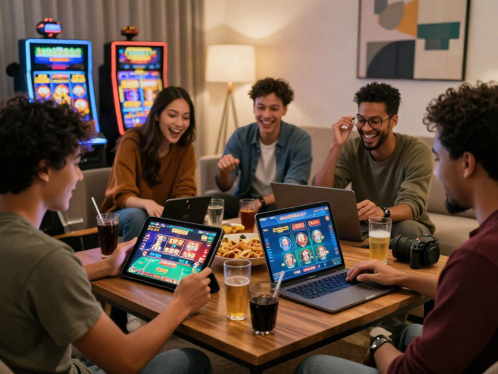 Friends enjoying kebuntoto online gambling experience in a cozy living room