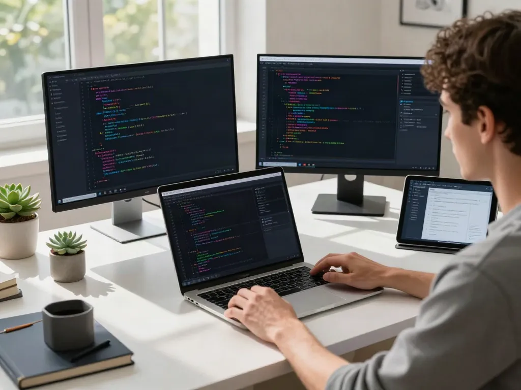 Developer setting up v2rayN官网 in a modern tech workspace with multiple screens and gadgets.