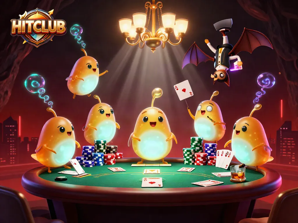 Experience the exciting gameplay of HITCLUB in this vibrant casino scene featuring glowworms and a bat dealer.