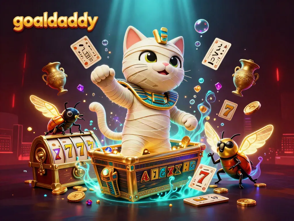 Engage in the thrilling world of goaldaddy with an Egyptian mummy cat and scarab beetle in a pyramid casino.