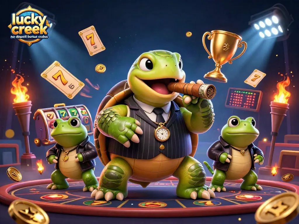 Play with lucky creek no deposit bonus codes surrounded by fun casino elements in this vibrant 3D illustration.