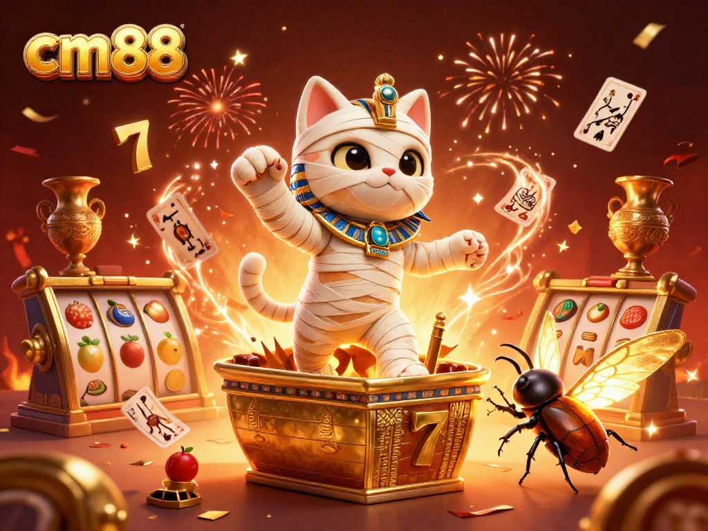 Spin the reels with luck at cm88, featuring a dynamic Egyptian theme and vibrant casino elements.