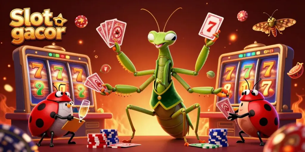 Experience the thrill of Slot gacor with lively characters dealing cards and jackpot reels spinning in a vibrant casino scene.