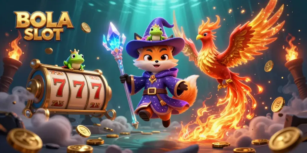Experience the thrill of BOLA SLOT with a mystical wizard fox and phoenix in this vibrant 3D illustration.