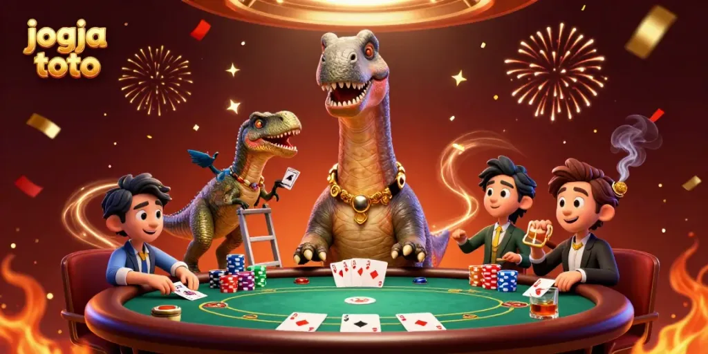 Engage with the vibrant jogja toto casino scene filled with poker action, towering characters, and dynamic game elements.