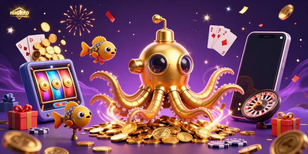 Engage in thrilling niastoto gameplay with a vibrant scene of a golden kraken submarine and slot games.