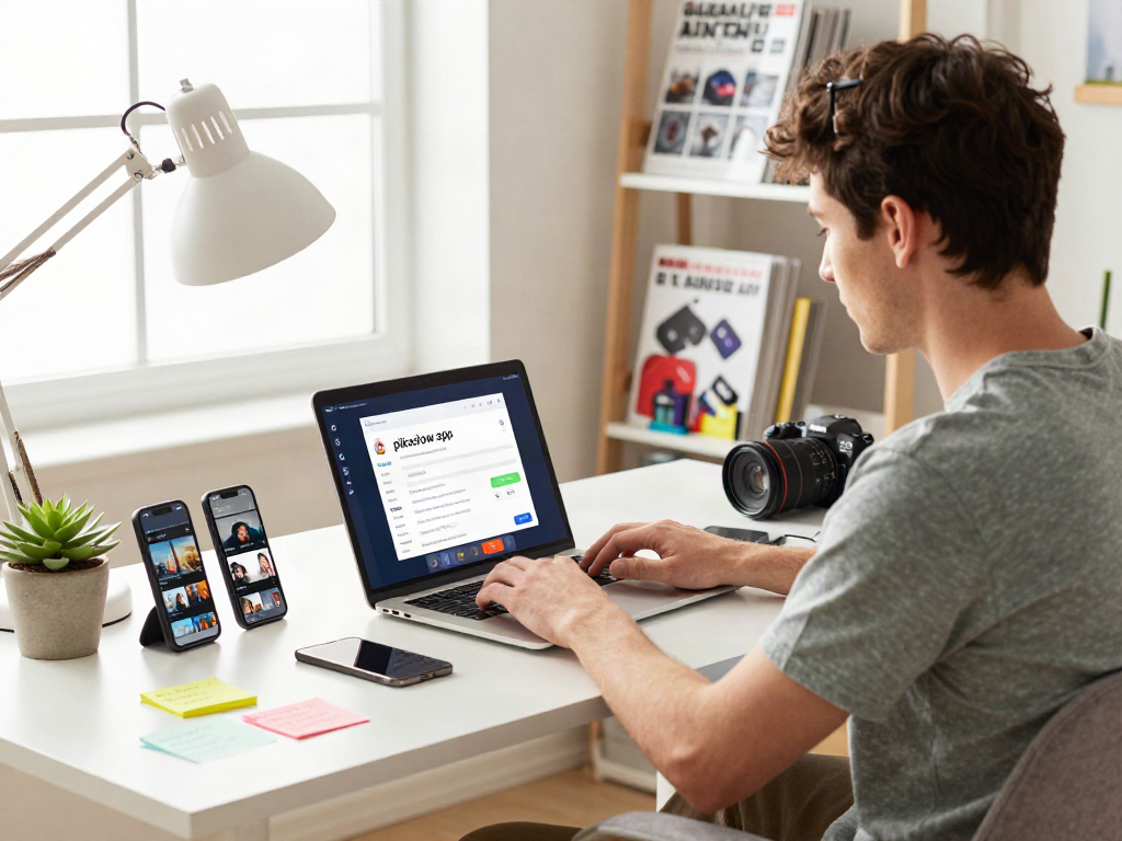 Downloading the latest pikashow apk in a vibrant home workspace with tech devices.