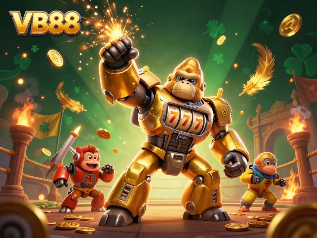 VB88 reveals ultimate casino action with a golden gorilla mech, exploding coins, and dynamic visual effects.