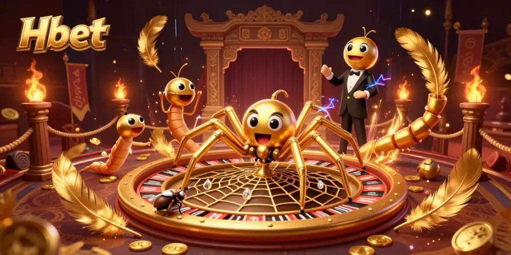 Hbet showcases a golden spider and centipede croupier in a dynamic casino scene, spinning a roulette wheel.