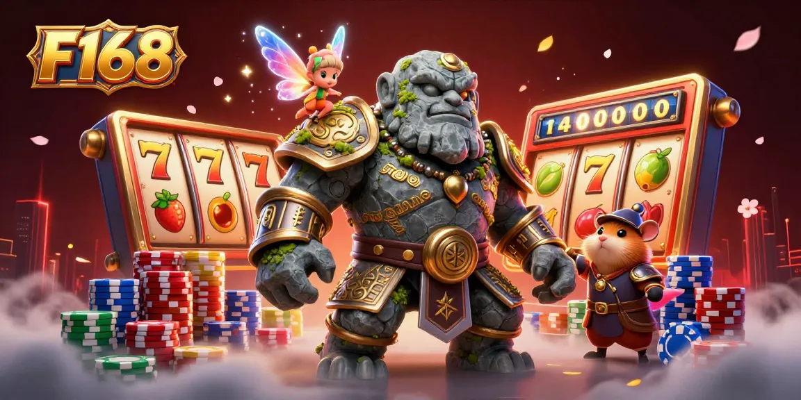 Engage in thrilling gaming adventures at F168 with the golem guardian and magical characters in an enticing casino scene.
