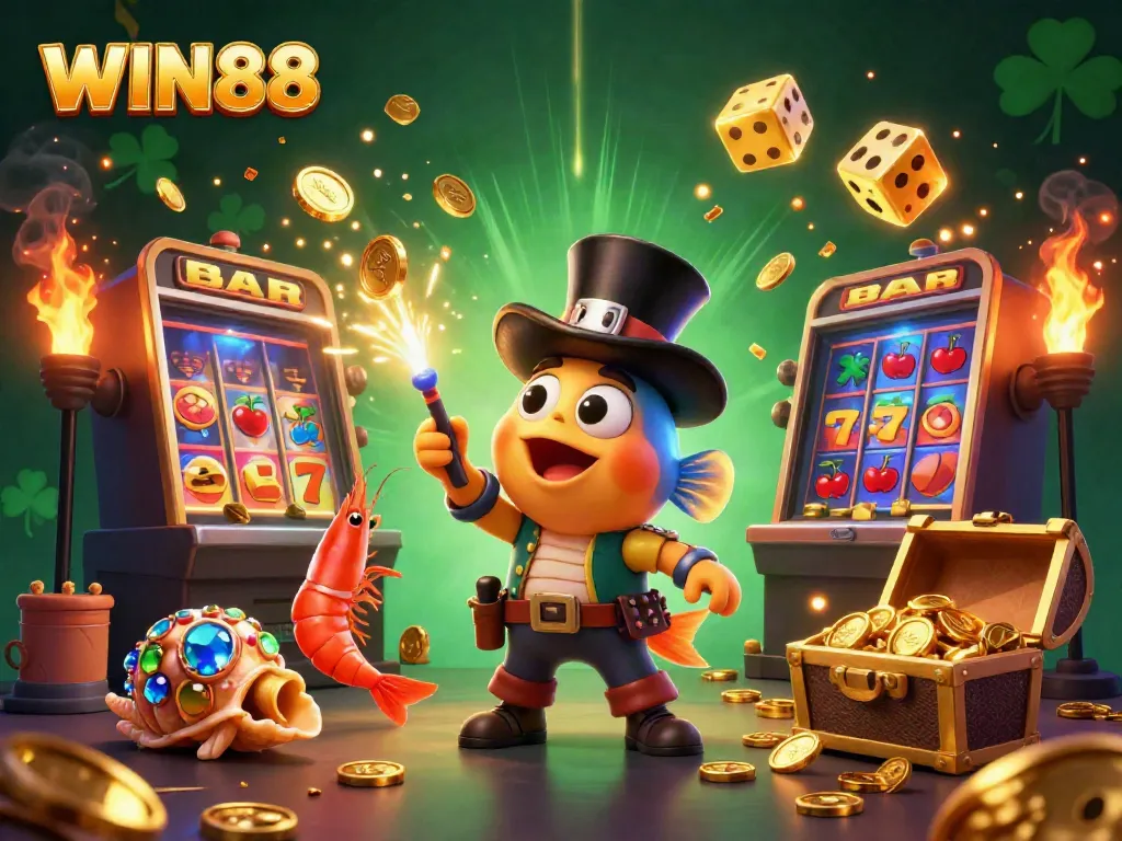 Engage with WIN88 using a 3D anglerfish and pirate shrimp attracting coins from a vibrant slot machine.