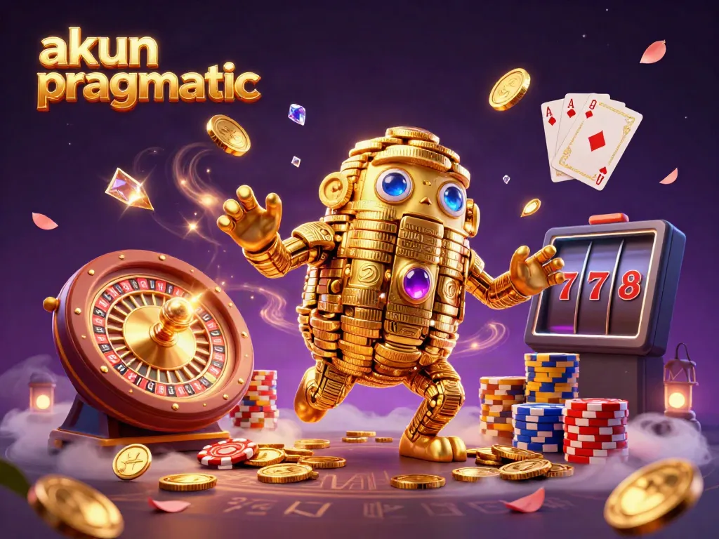 Experience the excitement of akun pragmatic with a vibrant and dynamic casino-themed illustration featuring a golden golem and casino games.