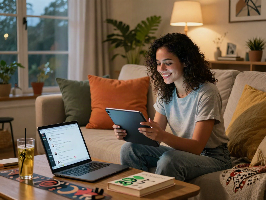 Engaging with an nsfw chat bot on a tablet in a cozy living room.