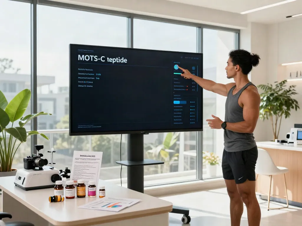 MOTS-C peptide demonstration in a vibrant health clinic showcasing metabolic benefits.