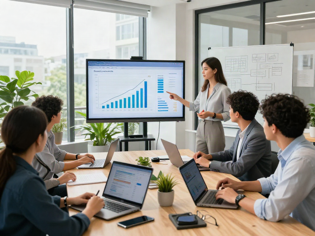 Tampilan profesional tim di konferensi mempersembahkan analisis data dengan fokus pada 快连官网 dan pertumbuhan bisnis.