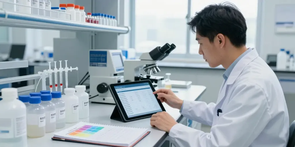 Peptide dosage calculator displayed on a tablet in a lab setting, emphasizing accuracy and precision.