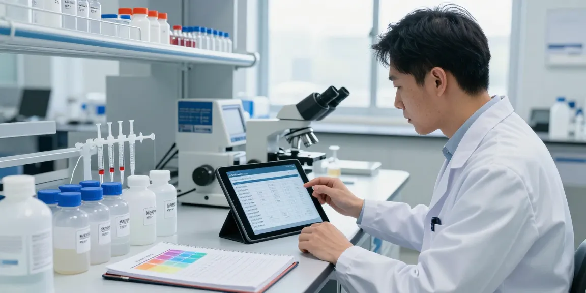 Peptide dosage calculator displayed on a tablet in a lab setting, emphasizing accuracy and precision.