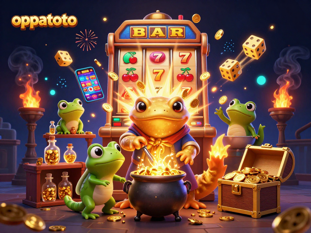 Play and win at oppatoto's dynamic casino scene with golden coins, slot machines, and exciting game elements.
